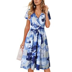 OUGES Women's Summer Short Sleeve V-Neck Floral Short Party Dress with Pockets
